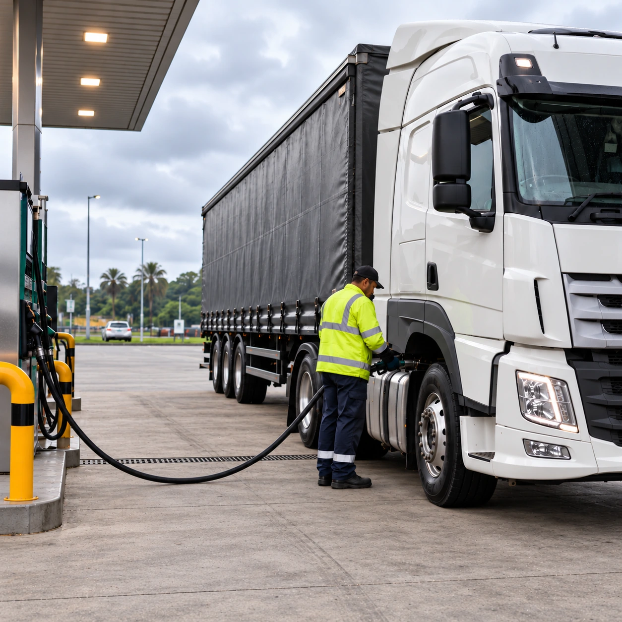 A technician working beside a heavy commercial vehicle